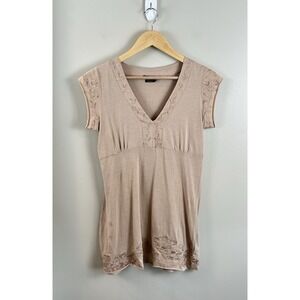 BCBGMaxazria Y2K Babydoll V-Neck Embroidered Short Sleeve Tunic Top Medium Beige